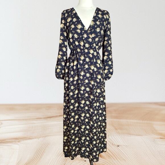 Promesa Maxi Dress Black Floral Sz M Long Balloon Sleeves Back Neck Tie Packable - Picture 1 of 12
